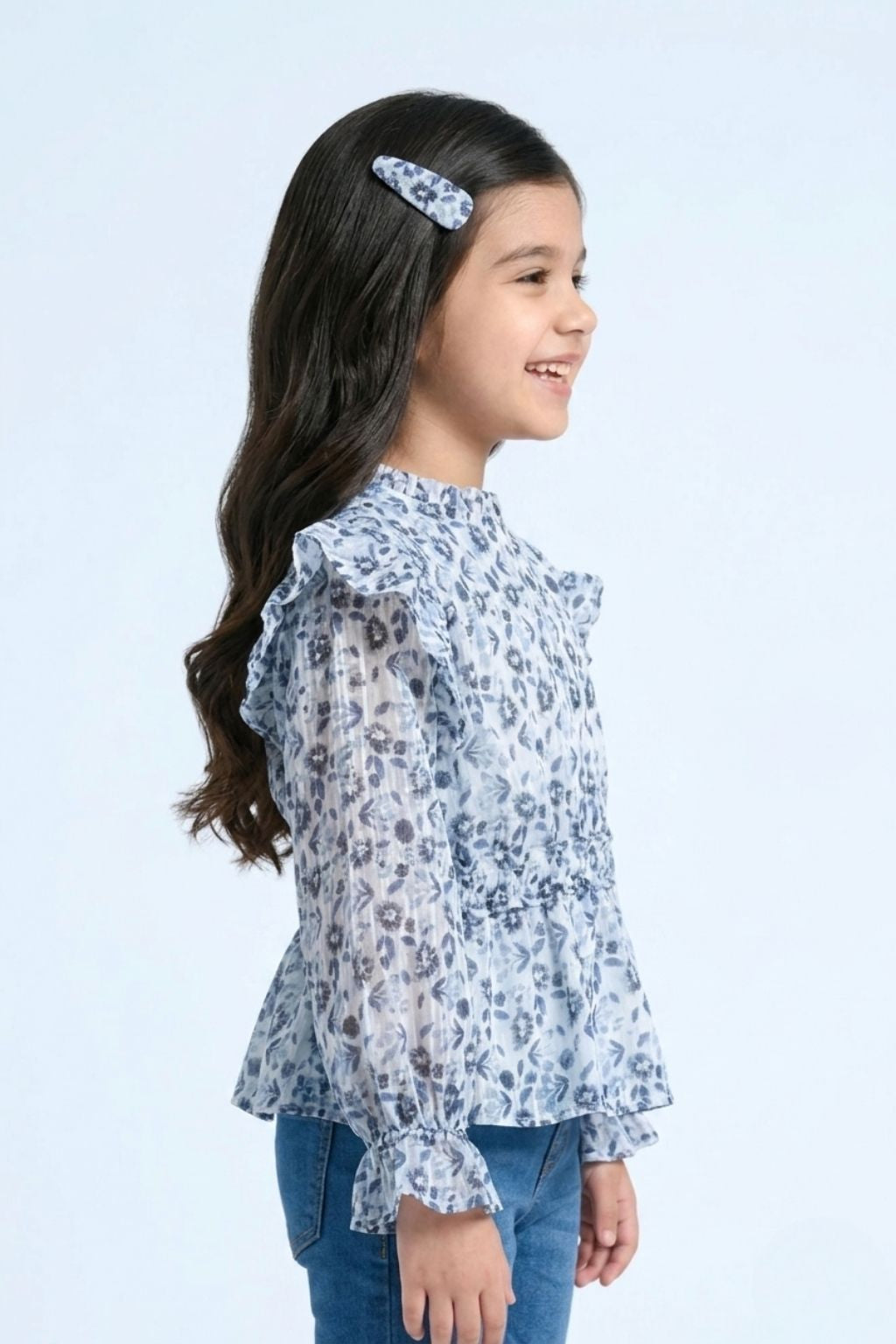 Long Sleeve Elegant Blue Floral Ruffle Peplum Top TG6064