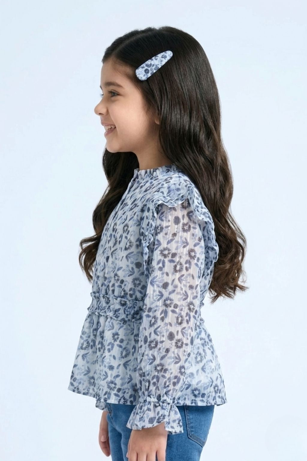 Long Sleeve Elegant Blue Floral Ruffle Peplum Top TG6064