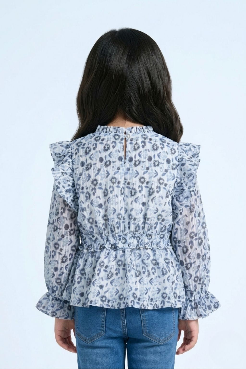 Long Sleeve Elegant Blue Floral Ruffle Peplum Top TG6064