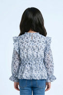 Long Sleeve Elegant Blue Floral Ruffle Peplum Top TG6064