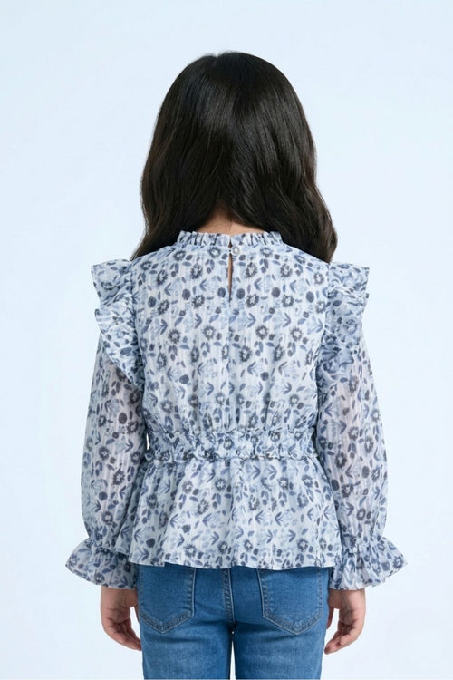 Long Sleeve Elegant Blue Floral Ruffle Peplum Top TG6064