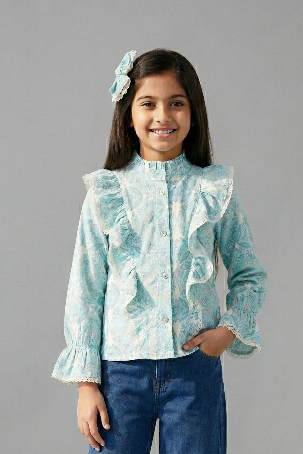 Aqua Paisley Ruffle Shirt TG6065