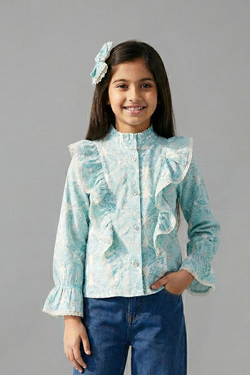 Aqua Paisley Ruffle Shirt TG6065