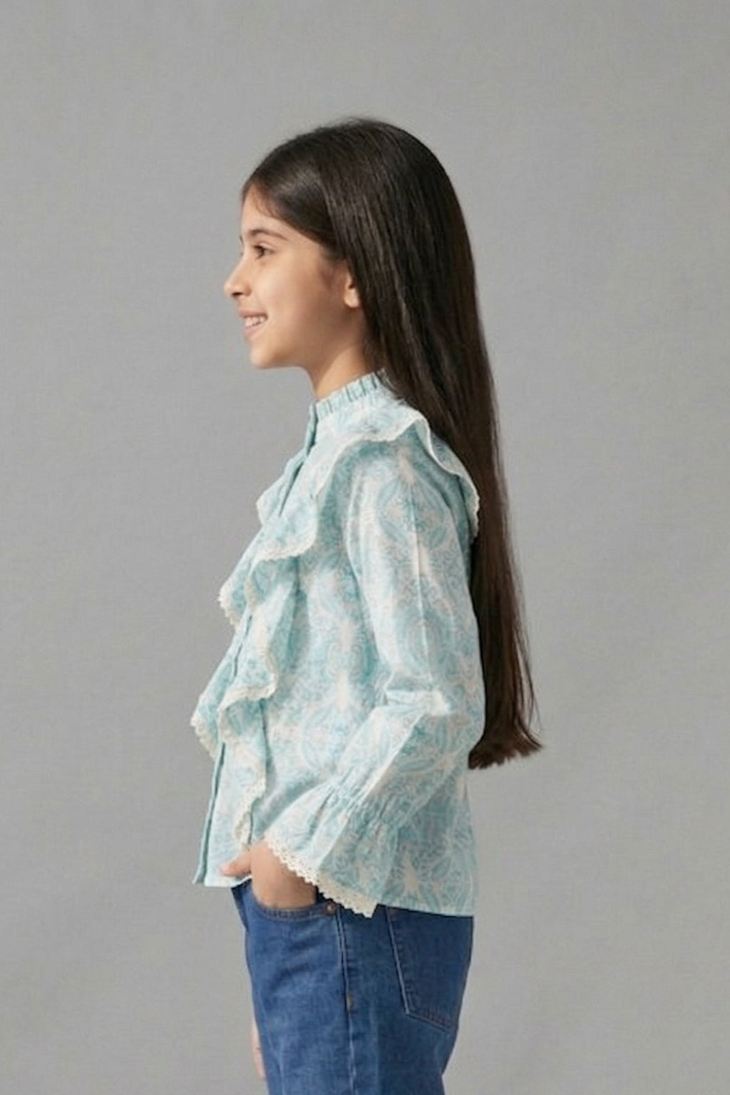 Aqua Paisley Ruffle Shirt TG6065