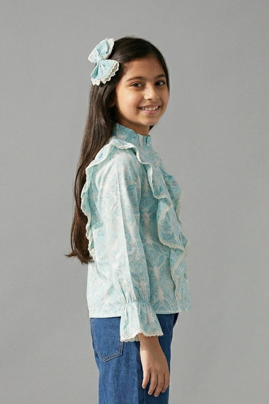 Aqua Paisley Ruffle Shirt TG6065