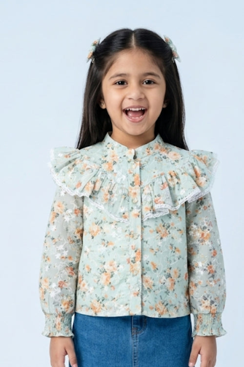 Blush Bloom Ruffle Collar Sky Blue Top TG6067