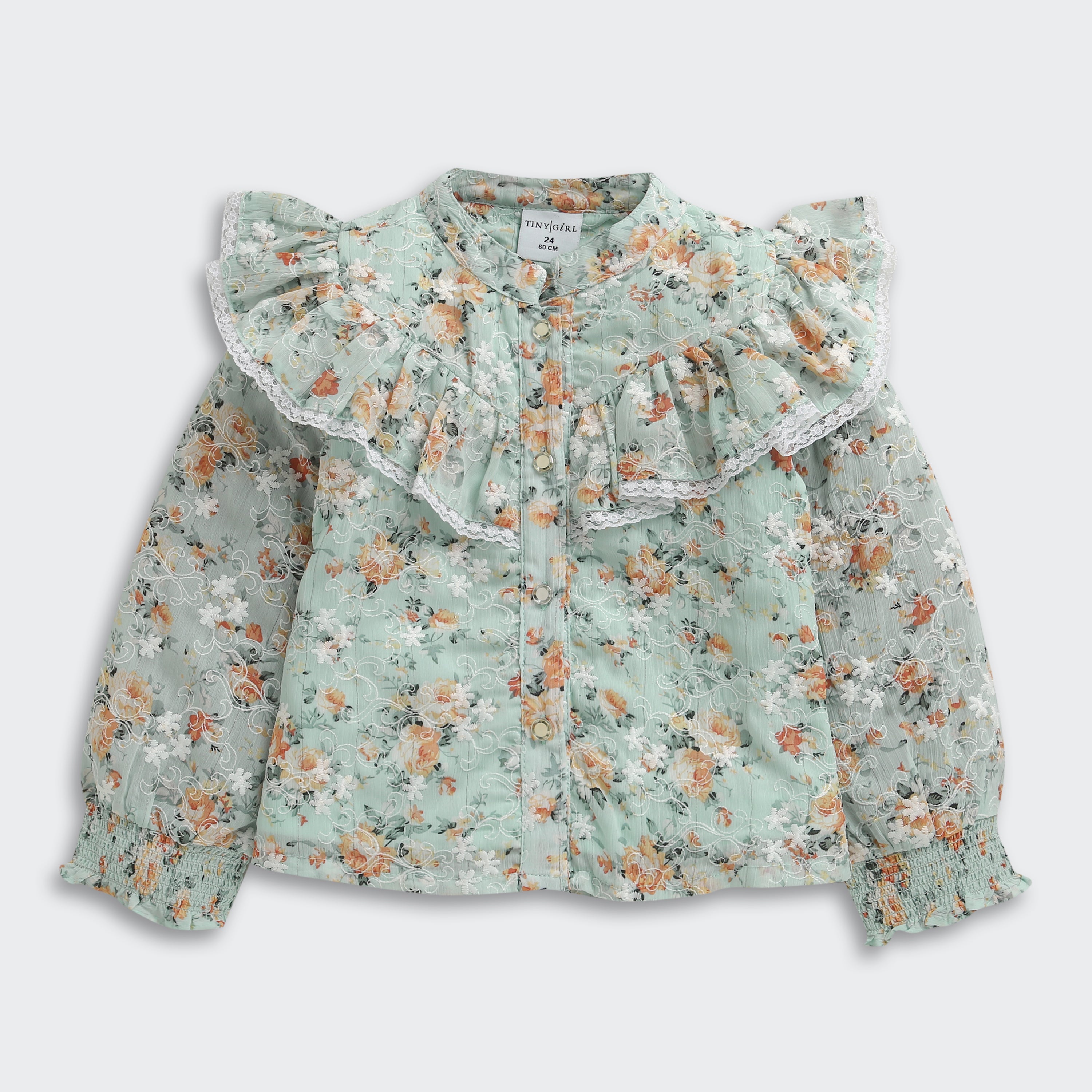 Tiny Girl Blush Bloom Ruffle Collar Sky Blue Top