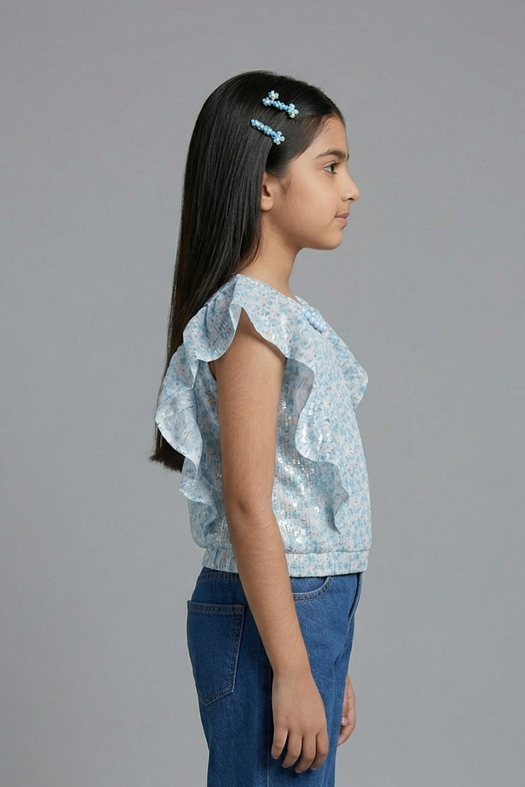Powder Blue Shimmer Ruffle Top TG6135