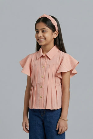 Peach Pleated Flutter Sleeve Shirt TG6142