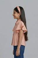 Peach Pleated Flutter Sleeve Shirt TG6142
