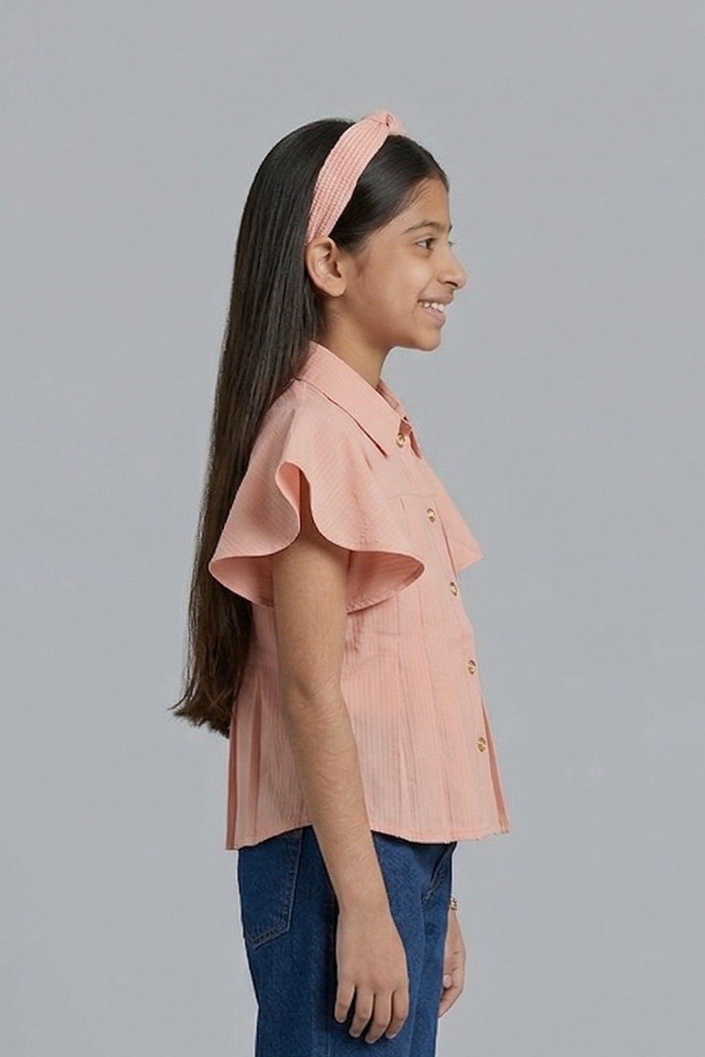 Peach Pleated Flutter Sleeve Shirt TG6142
