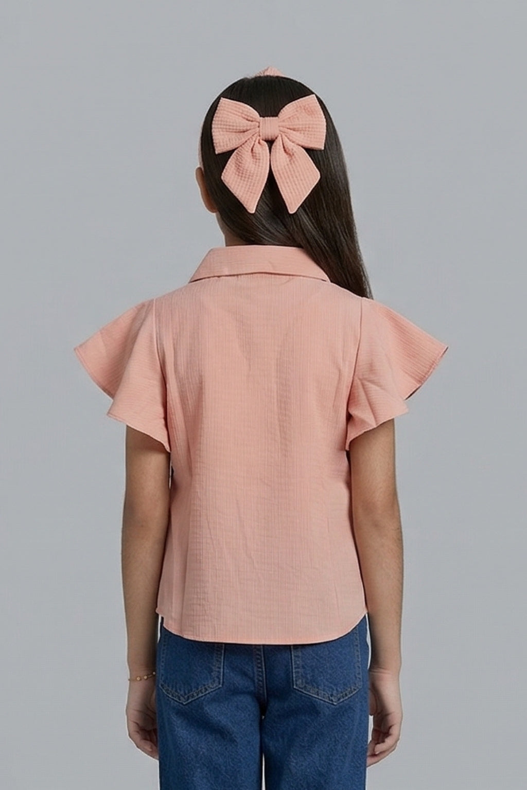 Peach Pleated Flutter Sleeve Shirt TG6142