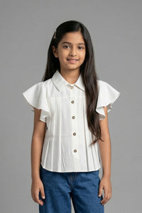 Ivory Flutter Sleeve Pleated Top TG6142