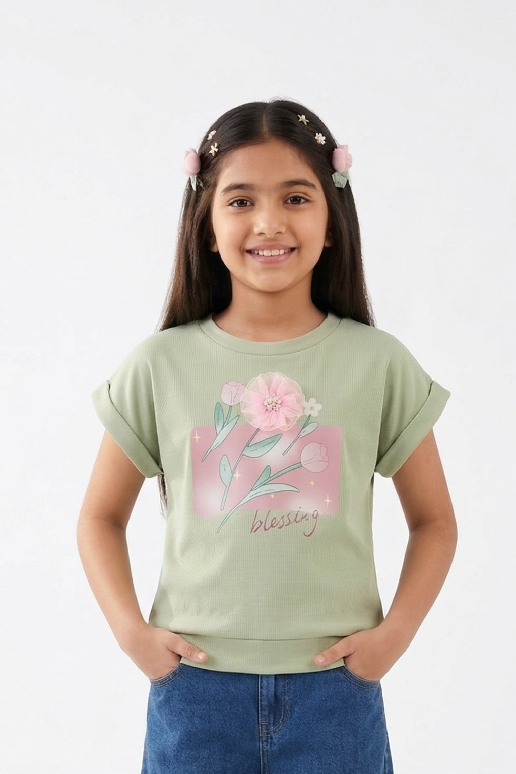 Pista Green Floral Print Top TG6168