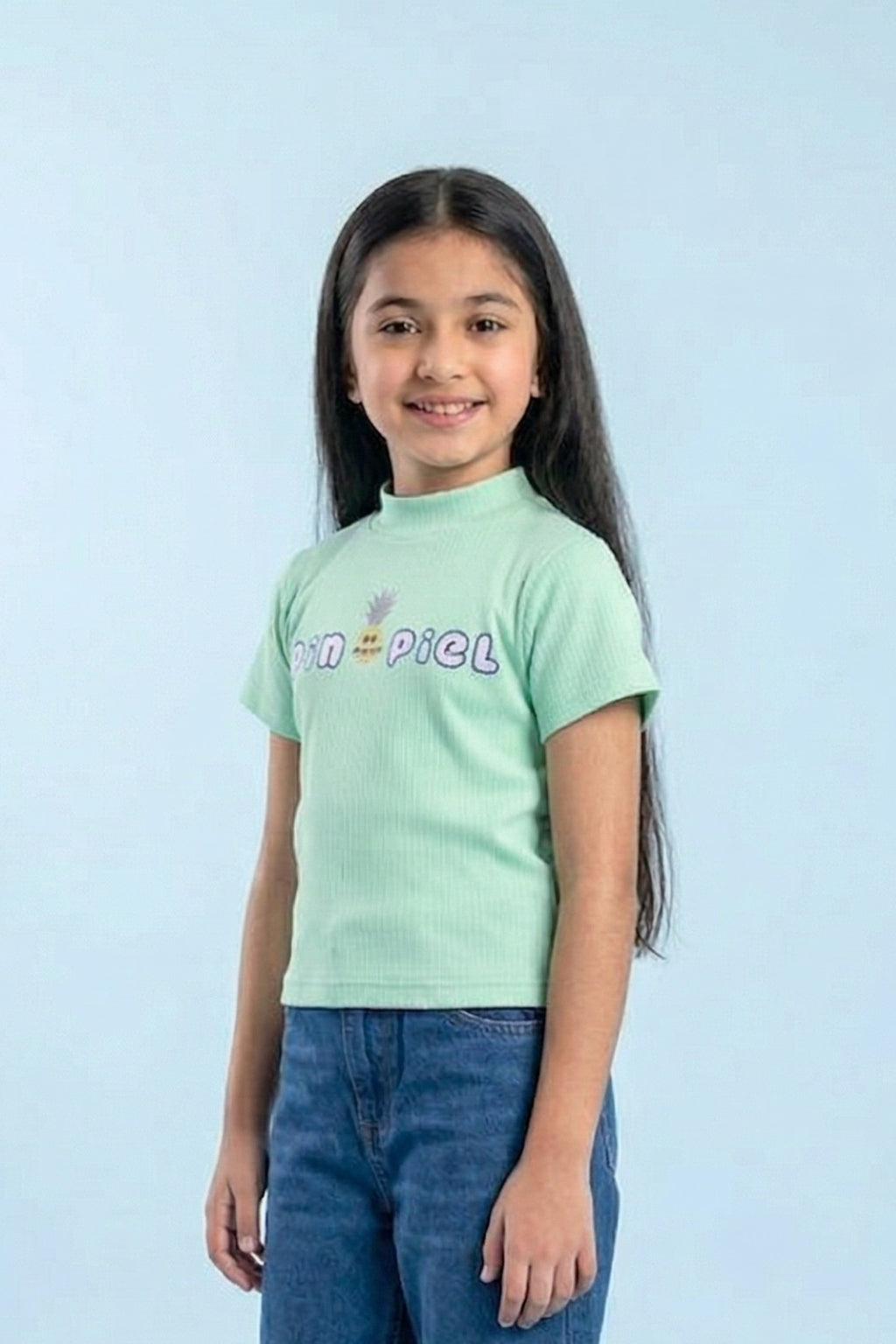 Kids Mint Green Pineapple Print Ribbed Top TG6191
