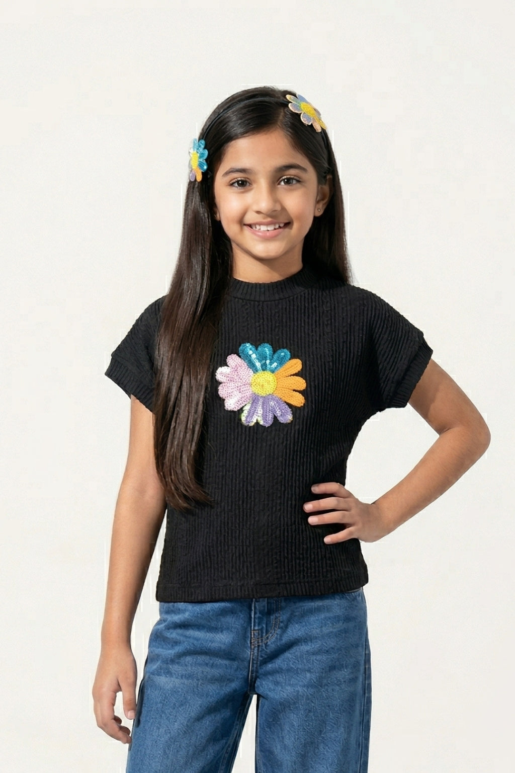 Girls Black Ribbed Cotton Floral Applique T-Shirt TG6193
