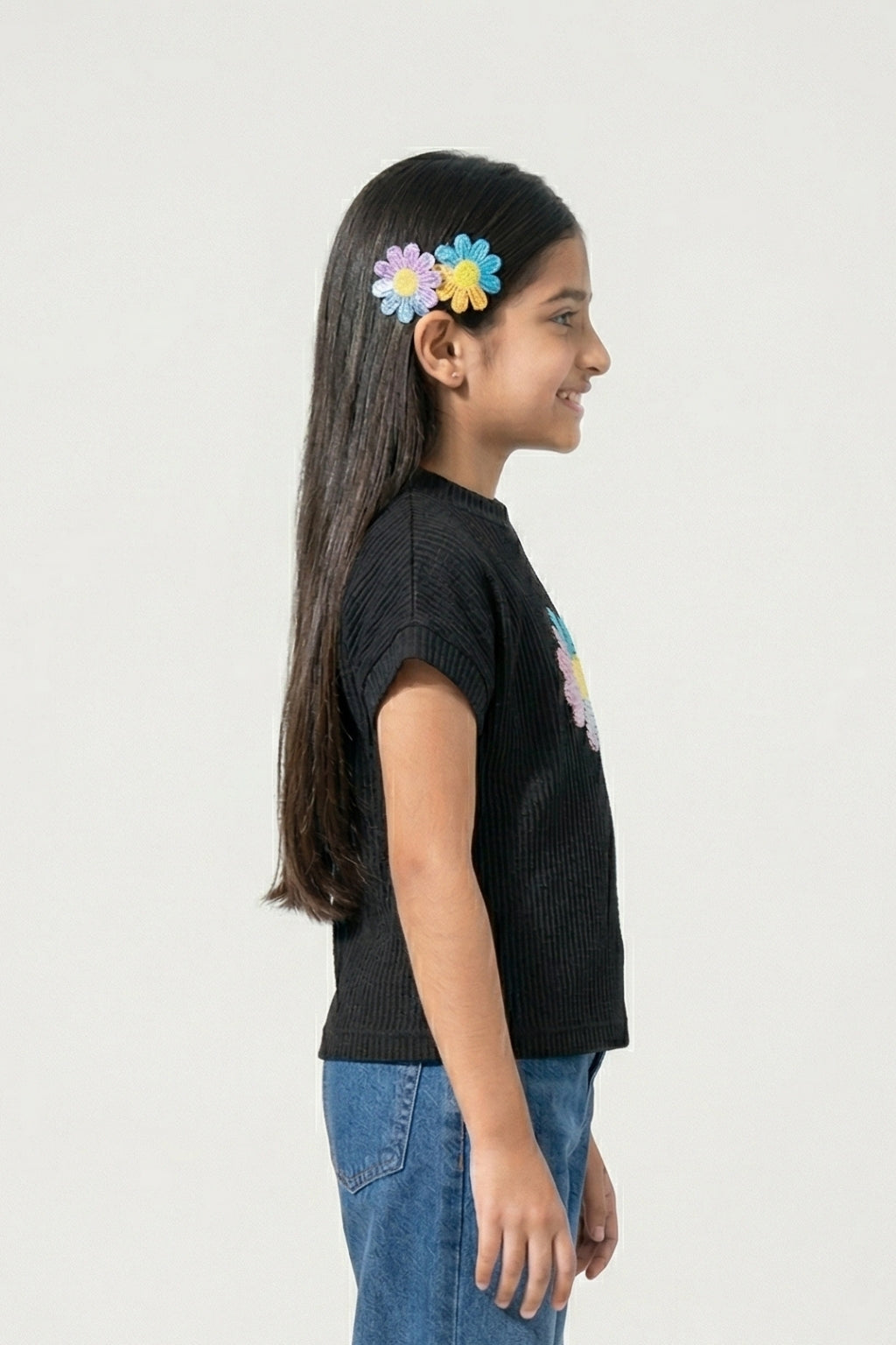 Girls Black Ribbed Cotton Floral Applique T-Shirt TG6193