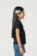 Girls Black Ribbed Cotton Floral Applique T-Shirt TG6193