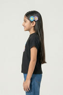 Girls Black Ribbed Cotton Floral Applique T-Shirt TG6193