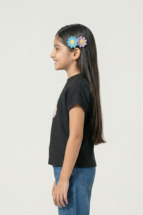 Girls Black Ribbed Cotton Floral Applique T-Shirt TG6193
