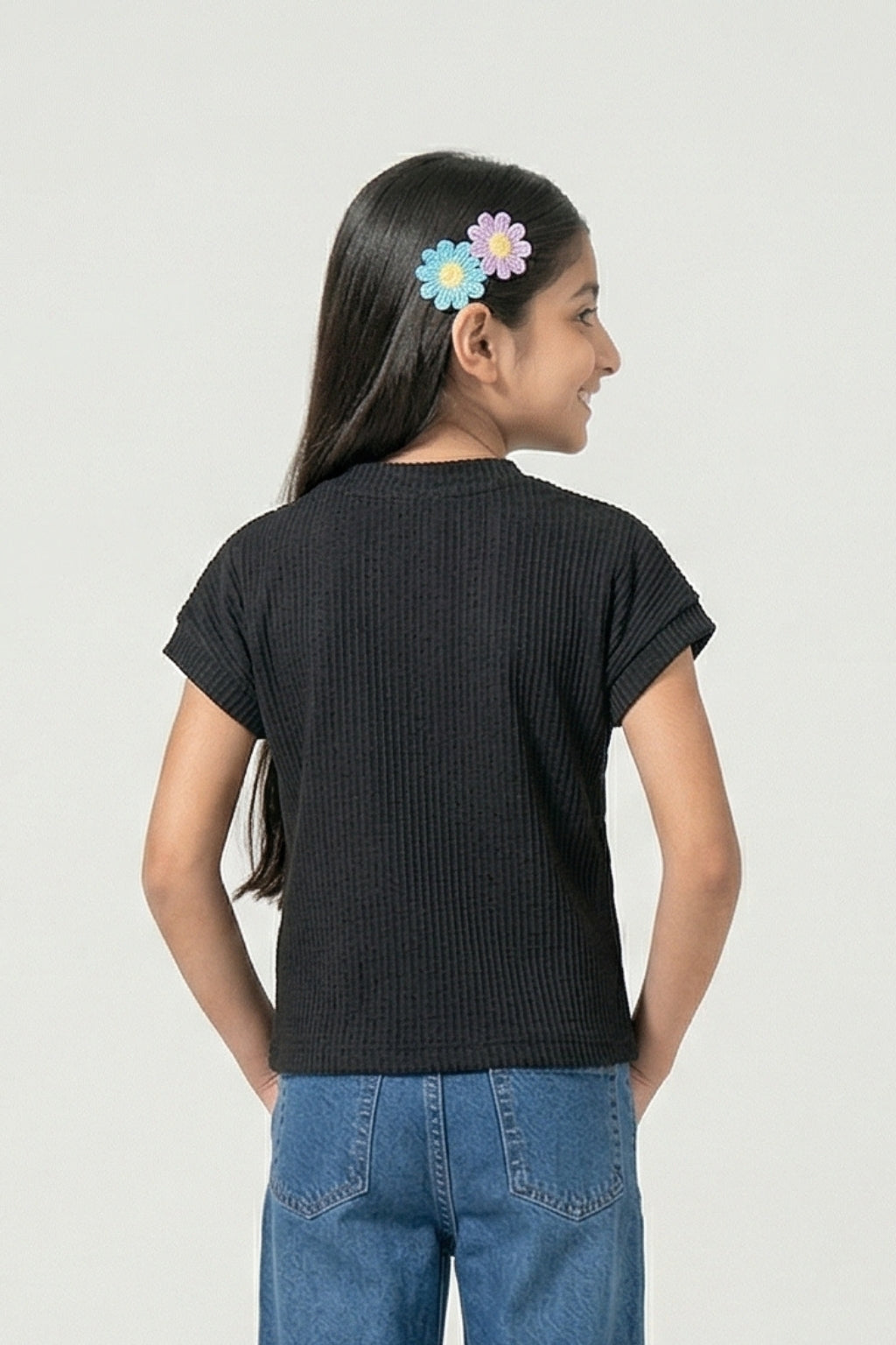 Girls Black Ribbed Cotton Floral Applique T-Shirt TG6193