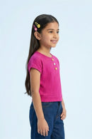 Pink Ribbed Cotton T-Shirt with Floral Button Detail TG6201