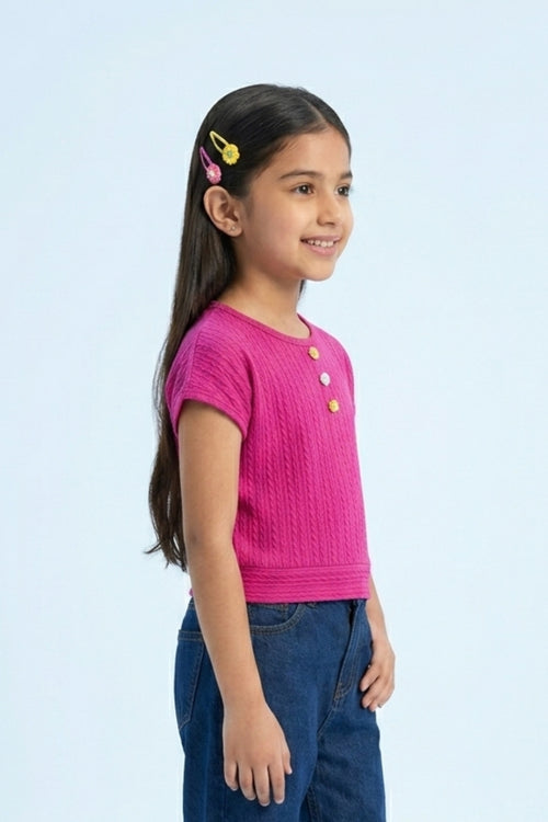 Pink Ribbed Cotton T-Shirt with Floral Button Detail TG6201