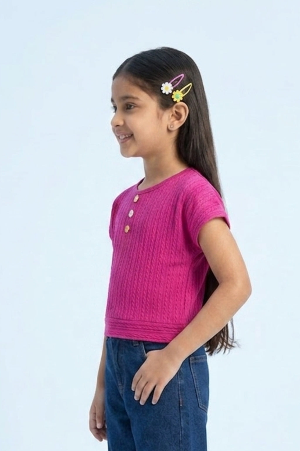 Pink Ribbed Cotton T-Shirt with Floral Button Detail TG6201