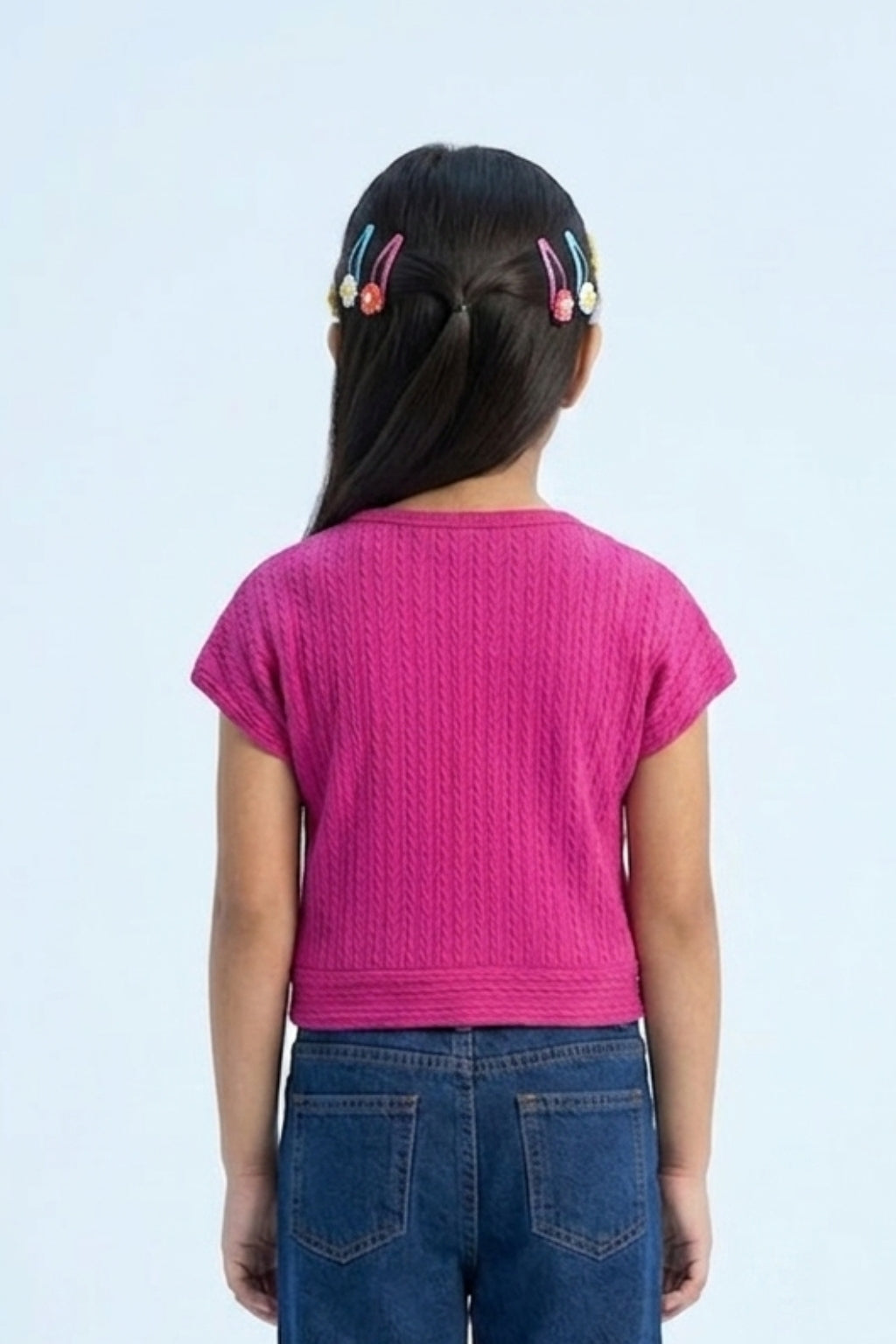 Pink Ribbed Cotton T-Shirt with Floral Button Detail TG6201