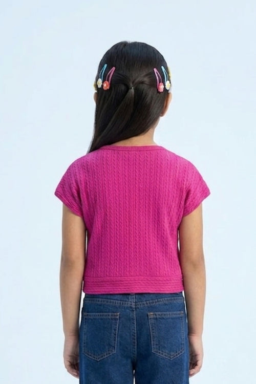 Pink Ribbed Cotton T-Shirt with Floral Button Detail TG6201