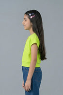 Neon Green Ribbed Cotton T-Shirt with Floral Button TG6201