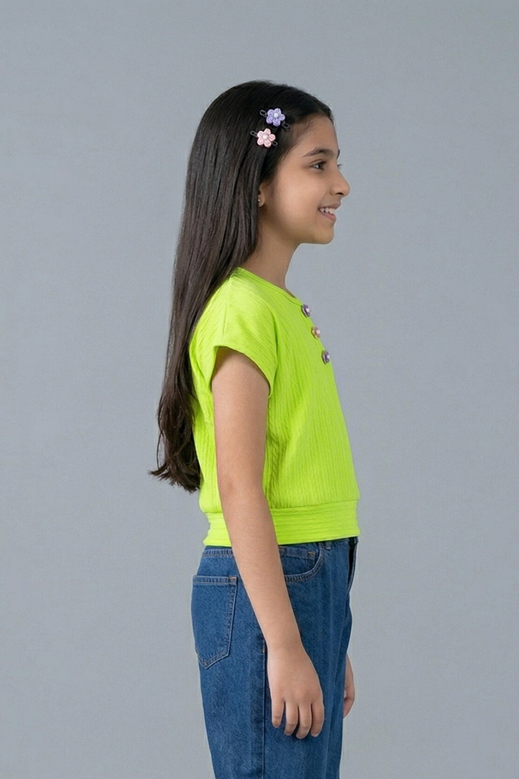Neon Green Ribbed Cotton T-Shirt with Floral Button TG6201
