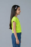 Neon Green Ribbed Cotton T-Shirt with Floral Button TG6201