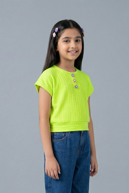 Neon Green Ribbed Cotton T-Shirt with Floral Button TG6201
