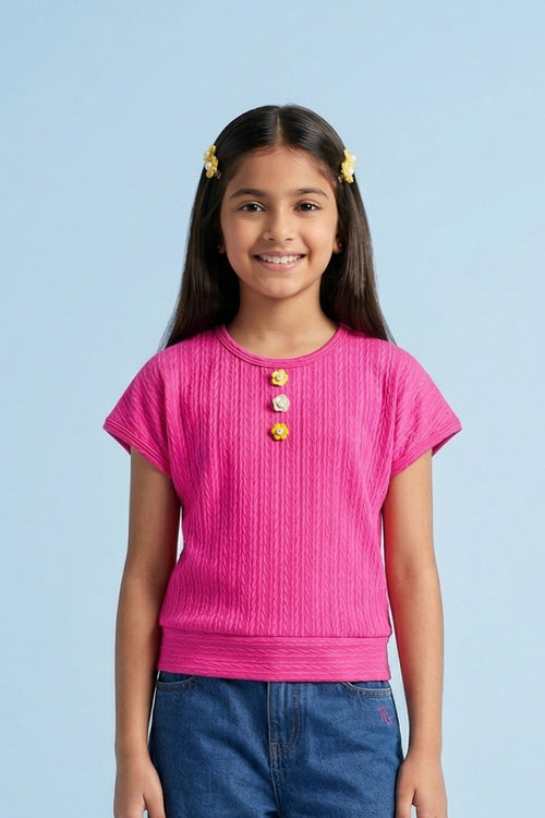 Pink Ribbed Cotton T-Shirt with Floral Button Detail TG6201