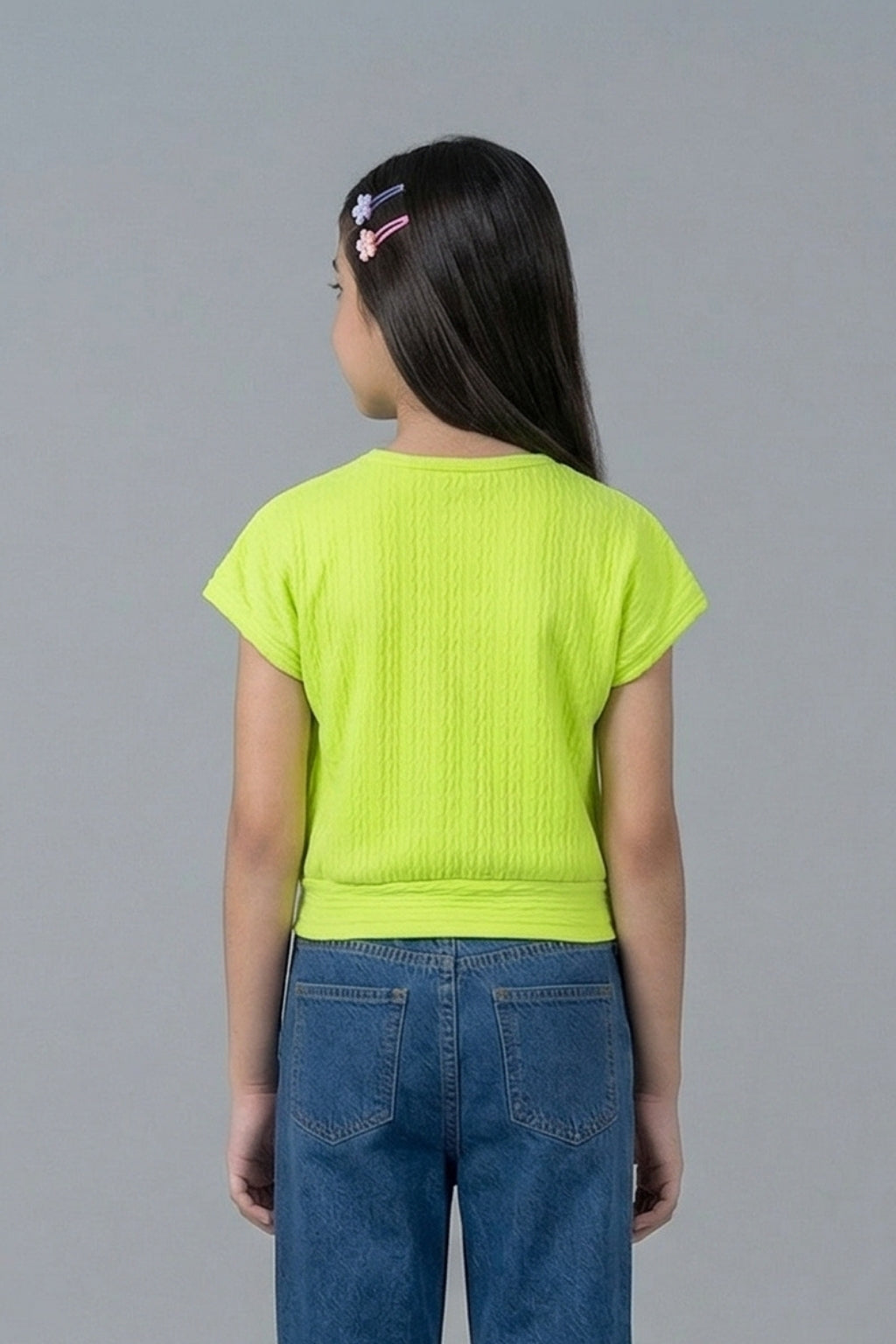 Neon Green Ribbed Cotton T-Shirt with Floral Button TG6201