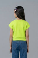 Neon Green Ribbed Cotton T-Shirt with Floral Button TG6201