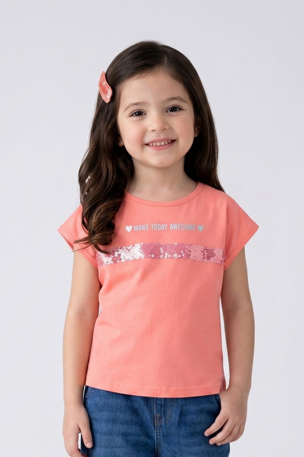 Peach Cotton T-Shirt with Sequin Stripe TG6202
