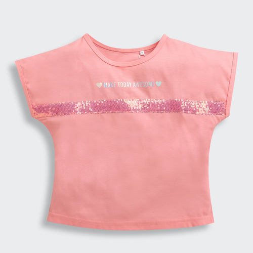Peach Cotton T-Shirt with Sequin Stripe TG6202