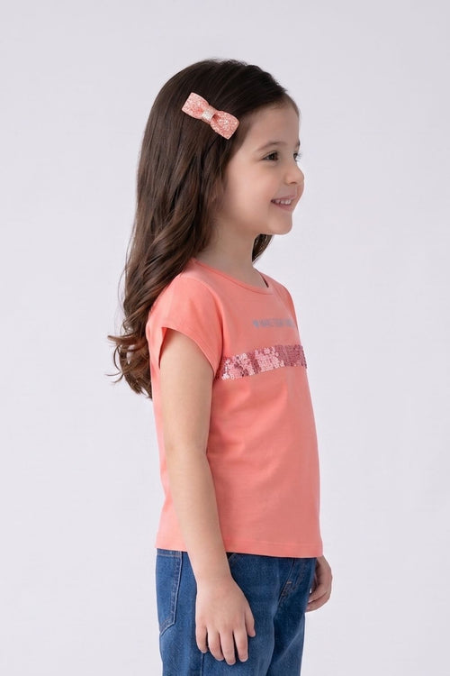 Peach Cotton T-Shirt with Sequin Stripe TG6202