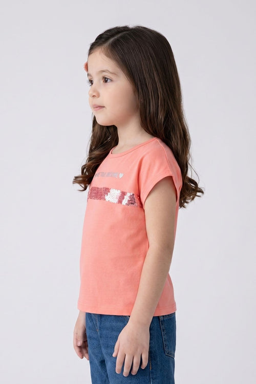 Peach Cotton T-Shirt with Sequin Stripe TG6202