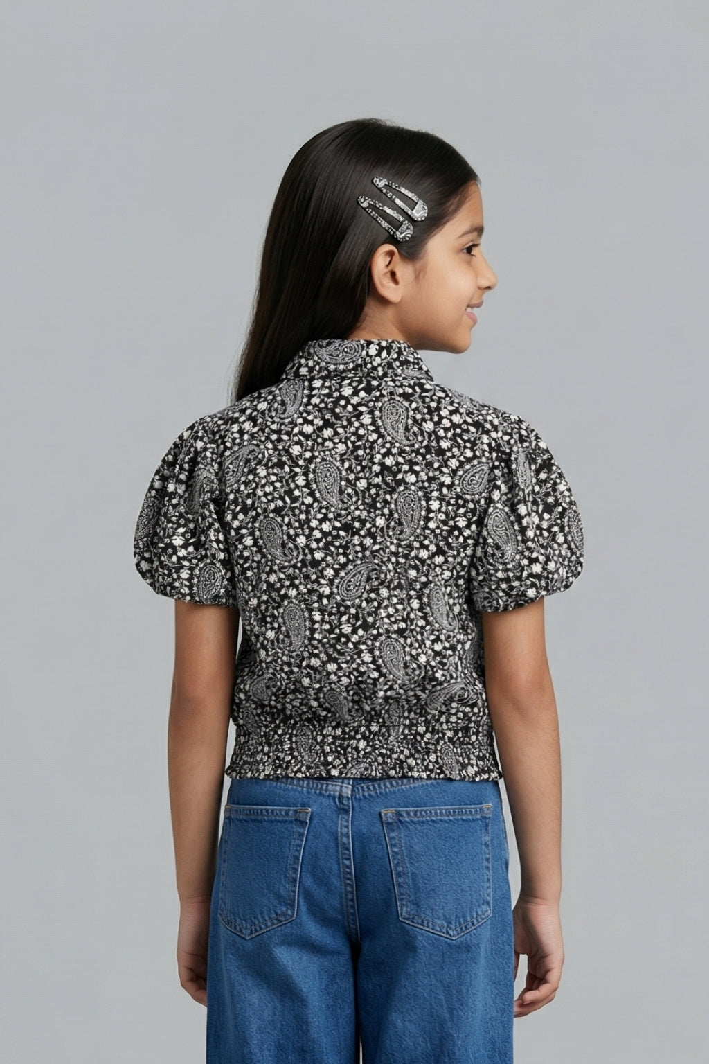 Black Printed Cotton Shirt Top with Puff Sleeves TG6207