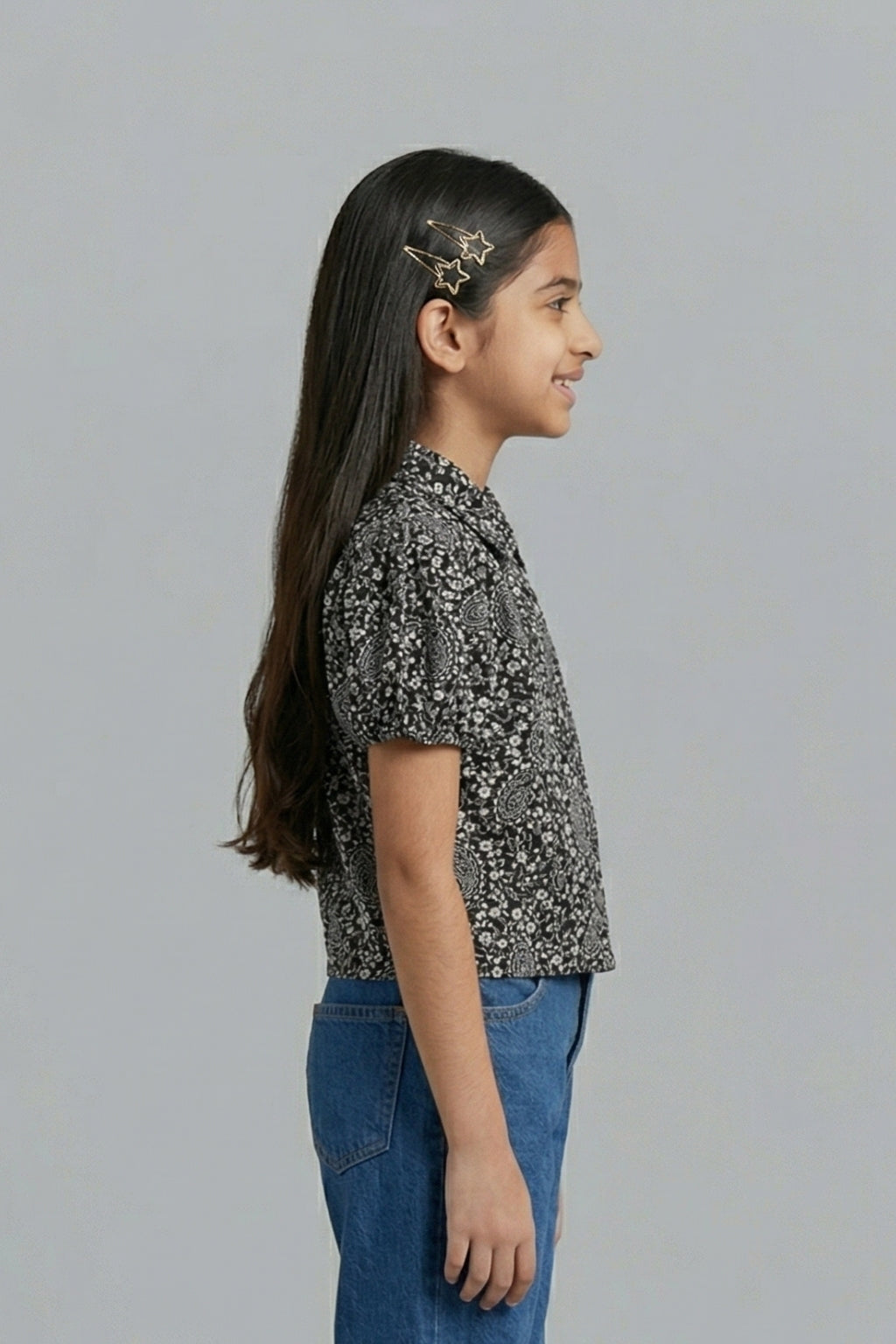 Black Printed Cotton Shirt Top with Puff Sleeves TG6207