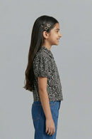 Black Printed Cotton Shirt Top with Puff Sleeves TG6207