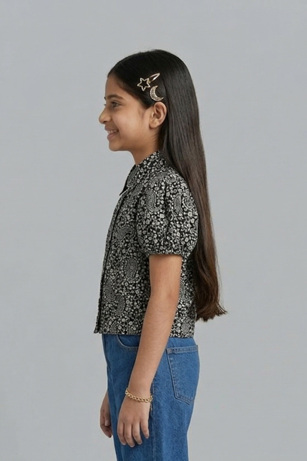 Black Printed Cotton Shirt Top with Puff Sleeves TG6207