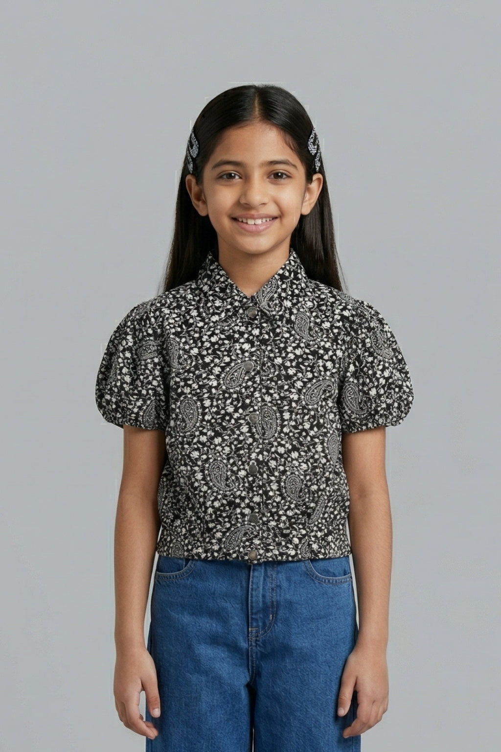 Black Printed Cotton Shirt Top with Puff Sleeves TG6207
