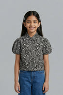 Black Printed Cotton Shirt Top with Puff Sleeves TG6207