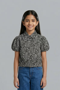 Black Printed Cotton Shirt Top with Puff Sleeves TG6207