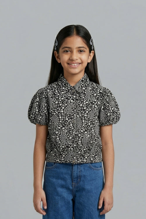Black Printed Cotton Shirt Top with Puff Sleeves TG6207