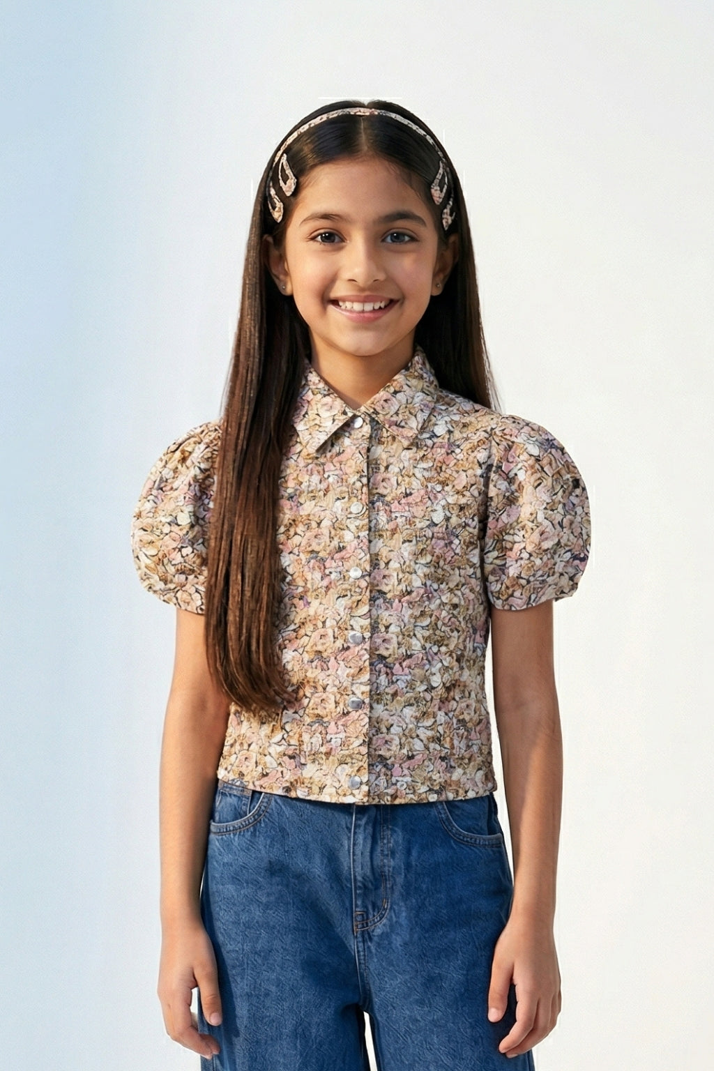 Beige Floral Printed Cotton Shirt Top TG6208